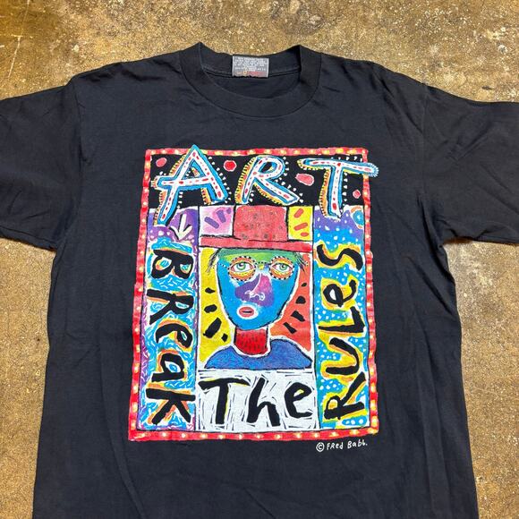 Vintage 90s Fred Babb Art Breaks The Rules Shirt Men's Large Made in USA - Picture 2 of 9